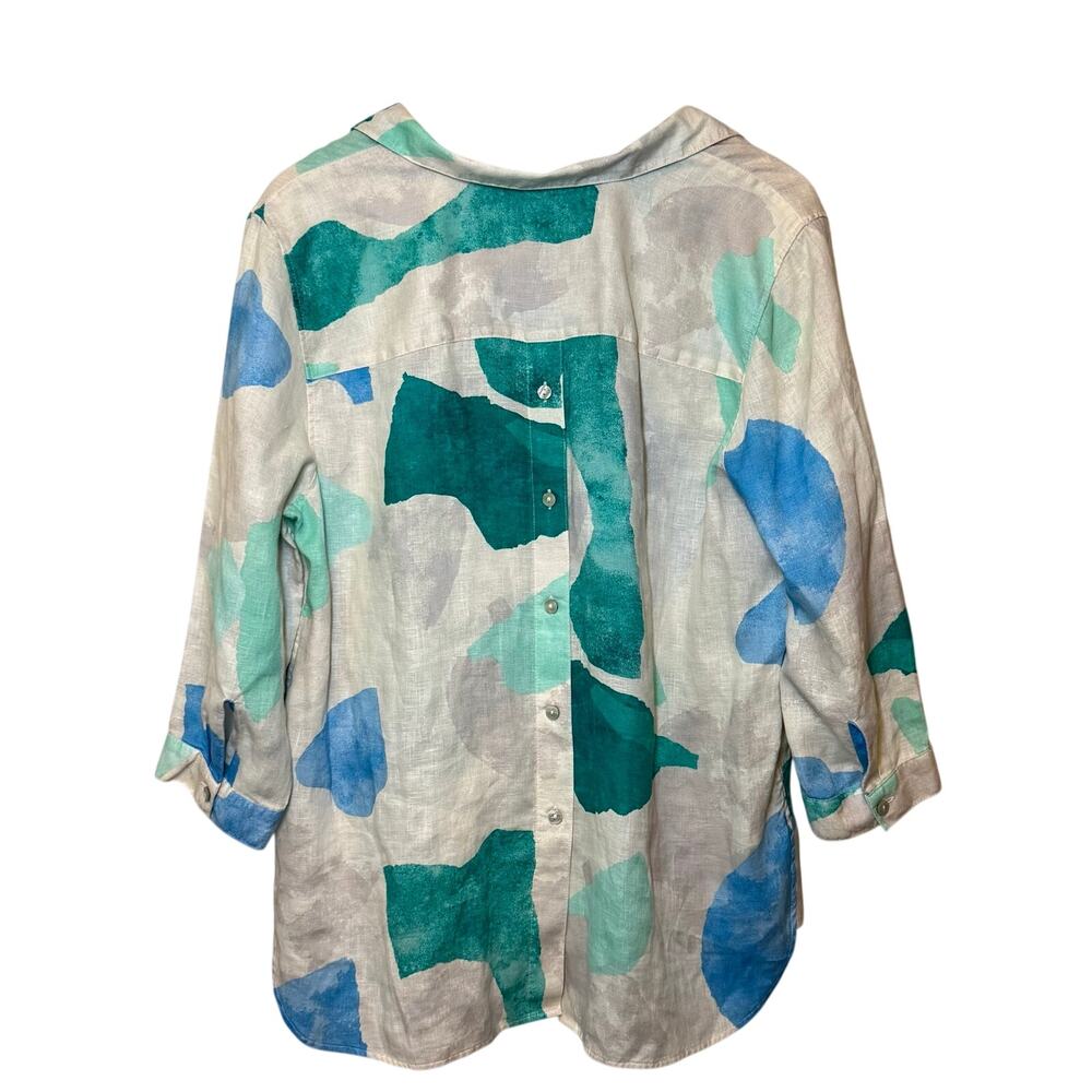 Chico's 100% Linen Blouse Watercolor 3/4 Sleeve Popover Cream Women's (2) US 12 - Picture 2 of 8